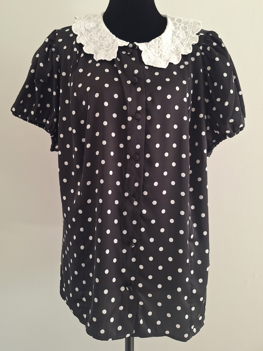 torrid Retro Chic Black and White Polka Dot Lace Collar Blouse with Satin Fabric